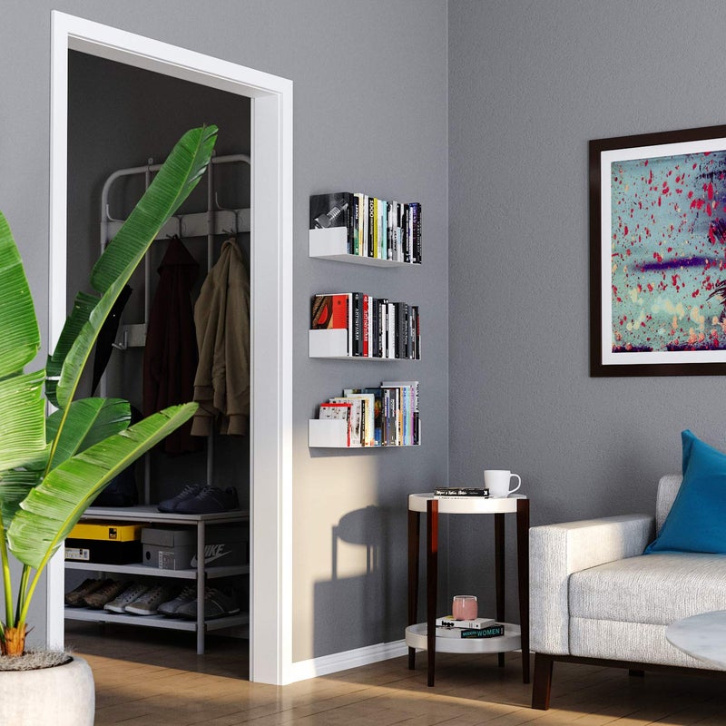 Wallniture Bali White Floating Shelves for Wall, CD DVD Storage Shelves and Metal Bookshelf Set of 3 - Image 2